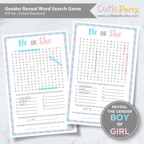 Gender Reveal Word Search Game, Gender Reveal Baby Shower Game, Word Search Baby Shower Game, Baby Shower Game, Gender Reveal Printable