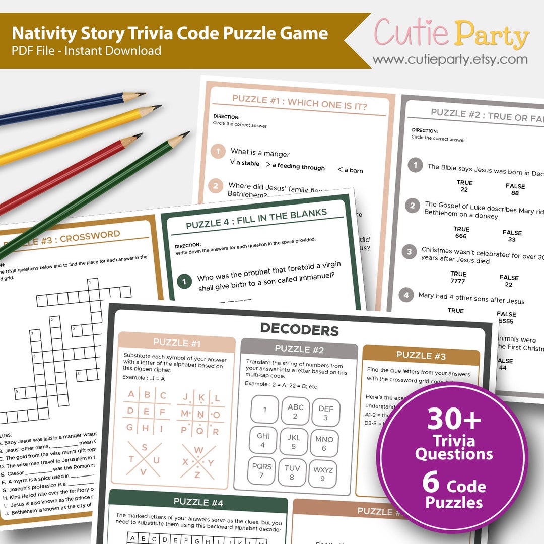 Nativity Story Trivia Code Puzzle Game, Christmas Printable Game, Escape Room Nativity Game