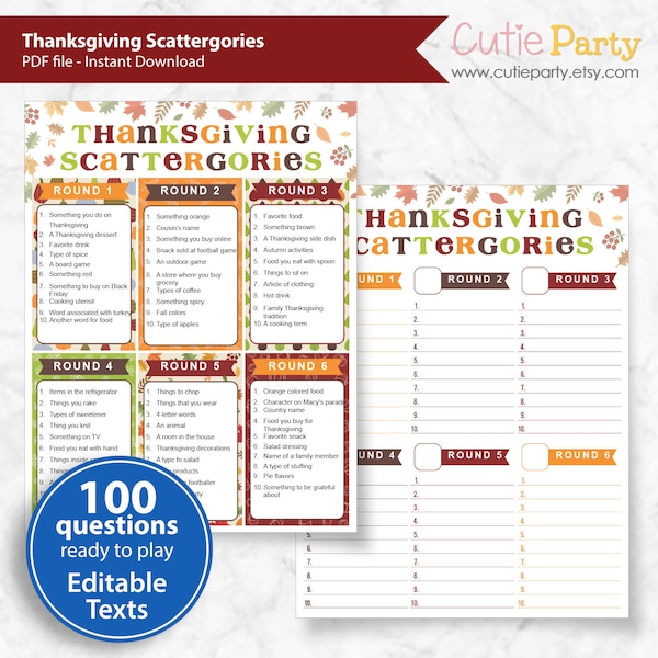 Thanksgiving Scattergories, Fall Holiday Game Template, Thanksgiving Word Game, Office Party Game, Classroom Fall Game, Family Game Night