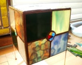 Mostly Blue and Green Stained Glass Cube Lamp