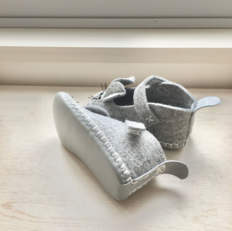 birthday gift baby shower gift Gray heather felt mouse shoes handmade baby\u2019s first  shoes baby and toddler shoes with leather soles