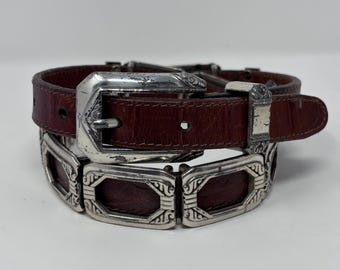 Vintage Brighton Western Leather Concho Belt – Brown Croc Embossed with Silver Buckle, Size Small