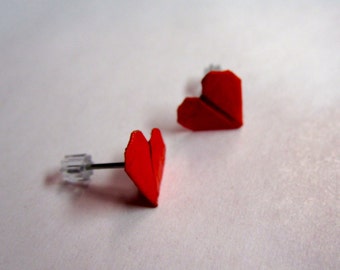 Origami Red Heart Stud Earrings