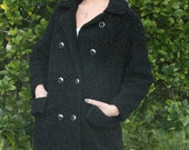 1950s Persian Black Lamb Coat - VINTAGE Astrakhan Coat - Gorgeous Black Double Breasted Coat with Silver Studded Buttons and Large Collar