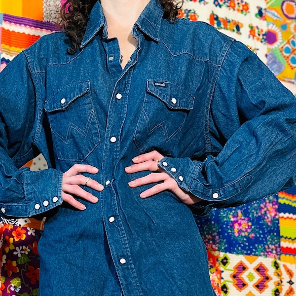 Wrangler Classic Denim Shirt - Western Denim - Jean Shirt - Snap Button Down Cowboy Cotton Shirt - 100% Cotton Button Up Top