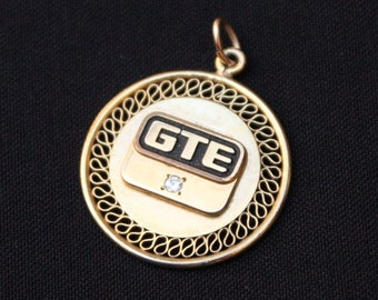 Vintage GTE 10K GF Emblem -Vintage Employee Award - 10K Yellow Gold Fill and Diamond - Service Award - Collectible - Diamond Pendant - Gold