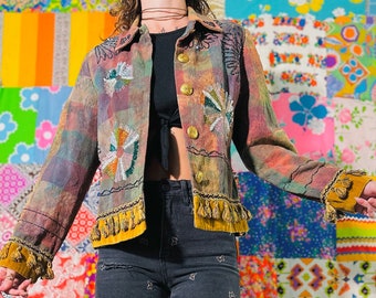 90s Beaded Boho Jacket - Embellished Floral Jacket - Kitschy Jacket - Embroidered Floral Jacket - Hippie Jacket - Cropped Jacket - Fringe