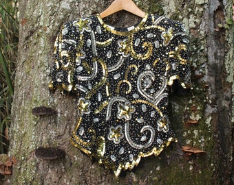 80s Sequin Blouse - 90s Sequin Blouse - Gold and Silver Sequin Top - Swirling Stars Sequin Top - Vintage Silk Sequin Top - Festival Sequins