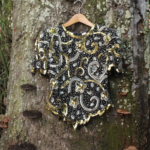 80s Sequin Blouse - 90s Sequin Blouse - Gold and Silver Sequin Top - Swirling Stars Sequin Top - Vintage Silk Sequin Top - Festival Sequins