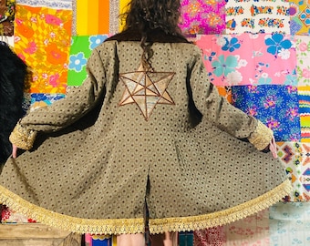 OOAK Sacred Earth Floof Coat - Upcycled Patchwork Coat - Sacred Geometry - One of a Kind Coat - Festival Coat - Burning Man - Embellished