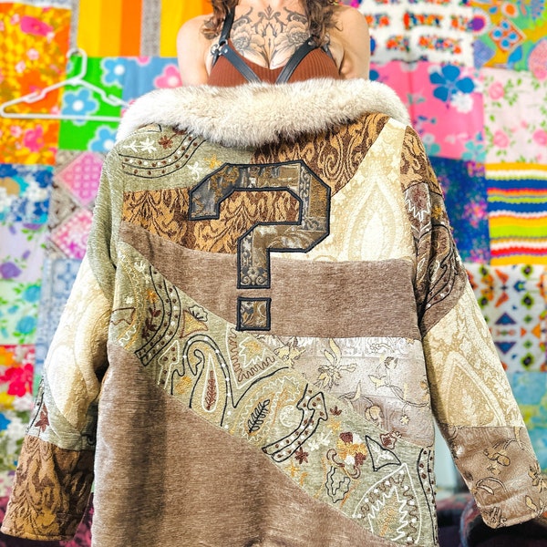 OOAK Patchwork Question Mark Floof Coat - Tipper Coat - Camp Question Mark - Burning Man Coat - Penny Lane Coat - Festival Coat - Fur