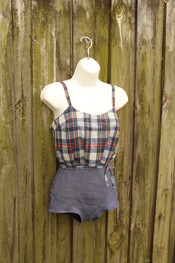 1950s Cotton Bathing Suit - Antique Bathing Suit - 1950s Plaid Pin-Up Bathing Suit - 50s Bathing Suit - 1950s Playsuit - 1950s One Piece View 4