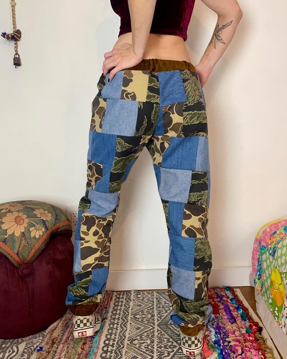 OOAK Denim Camo Joggers 34 Upcycled Patchwork Joggers Handmade