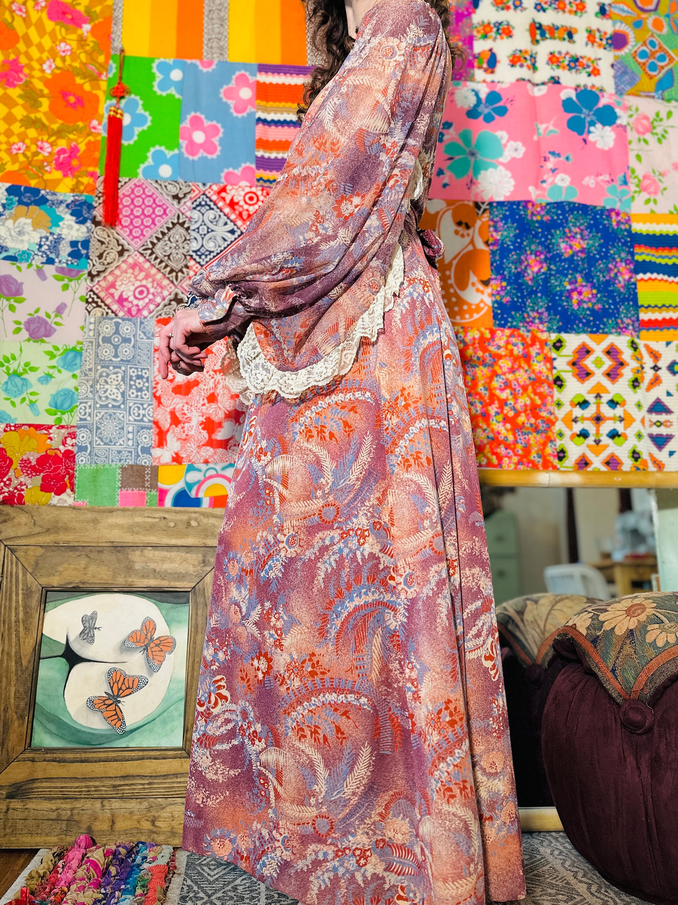 70s Floral Bell Sleeve Prairie Dress - Gunne Sax Style Dress - Vintage ...