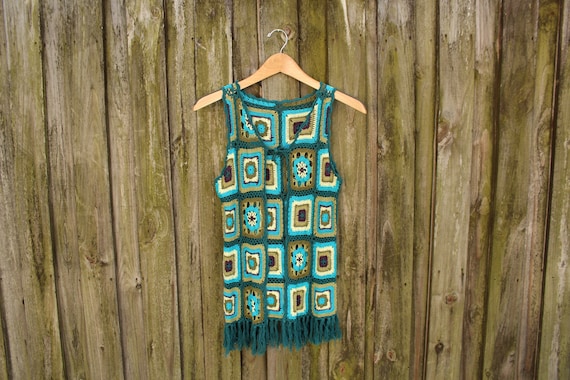 Vintage Crochet Vest - Blue and Green Crochet Vest