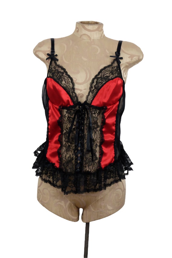 90s Red and Black Ruffle Lace Lingerie Camisole -… - image 2