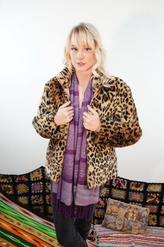 90s Faux Fur Coat - Faux Fur Jacket - Leopard Prin