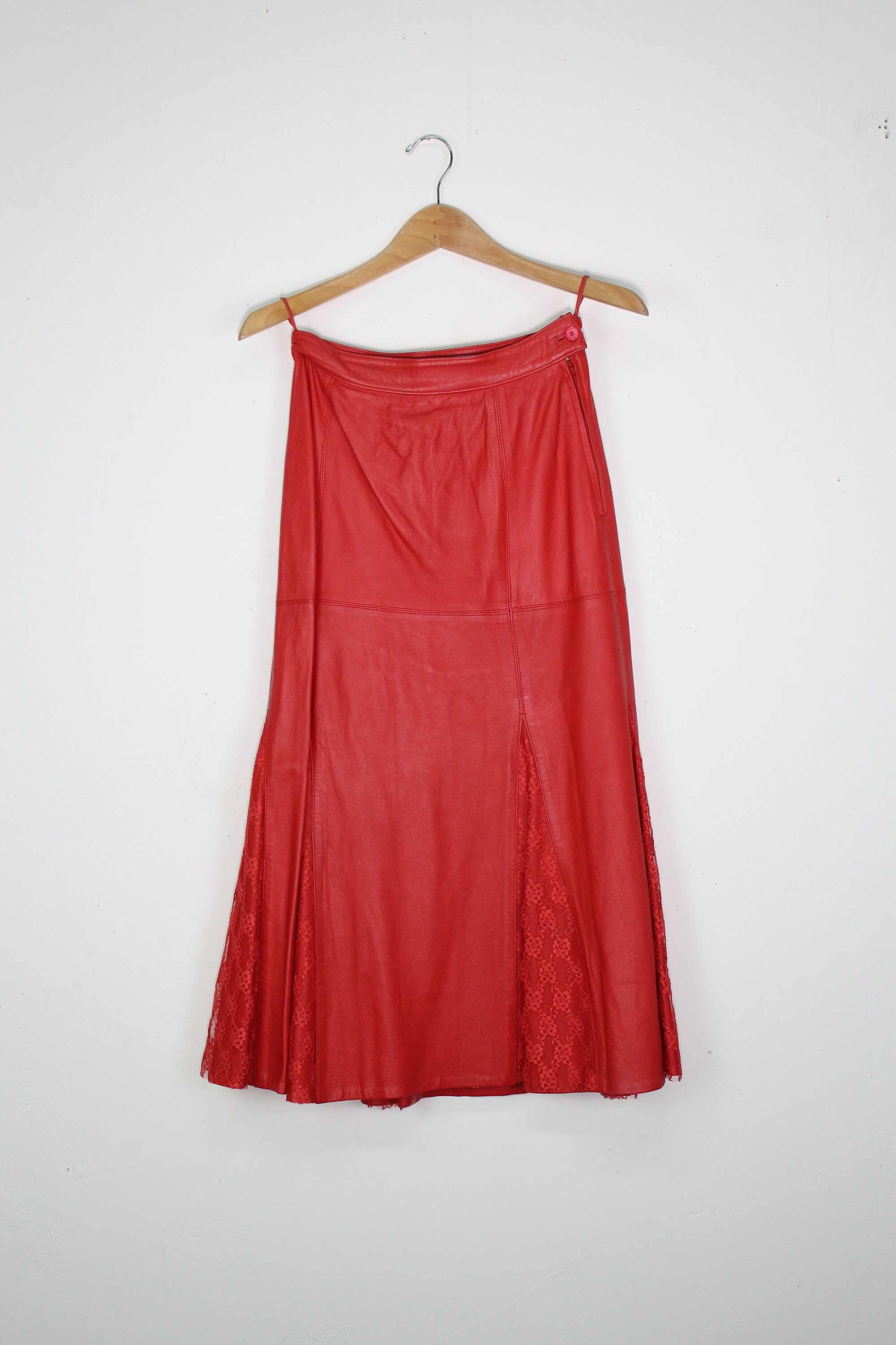 90's Red Leather Midi Skirt High Waist Leather Skirt Etsy