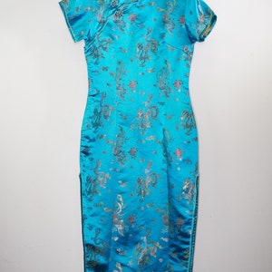 Vintage Asian Silk Dress Silk Costume Dress Sleeveless Silk Dress Chinese Dress Chinese Silk Dress Cheongsam Blue Cheongsam image 2