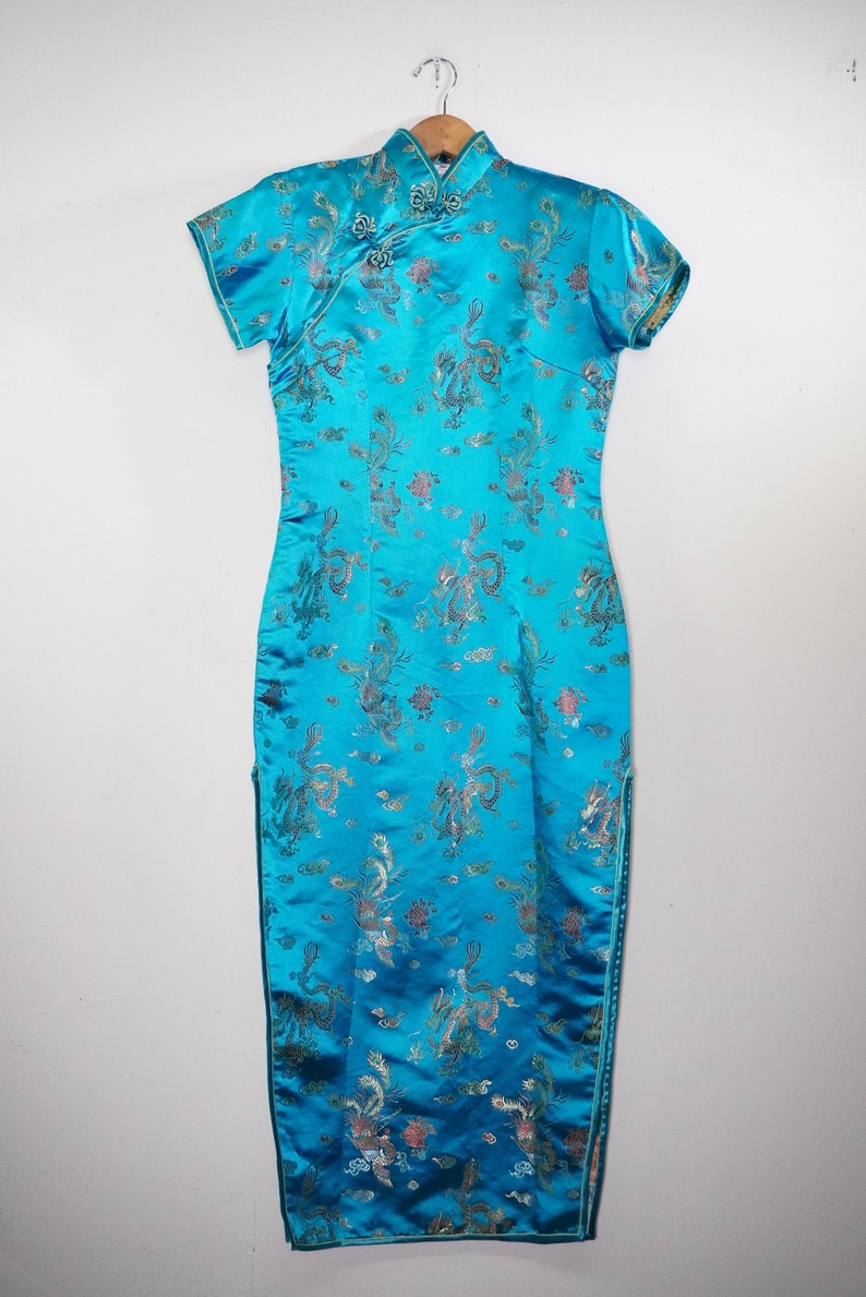 Vintage Asian Silk Dress Silk Costume Dress Sleeveless Silk Dress Chinese Dress Chinese Silk Dress Cheongsam Blue Cheongsam image 2