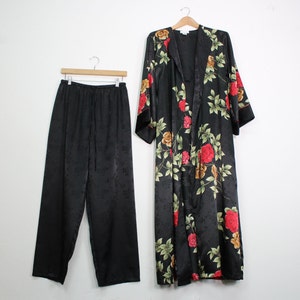 90s Rose Matching Lounge Set 90s Silky Robe Set Matching Pajama Set Vintage Pants Set Black Robe Unisex Robe Lounge Pants image 1