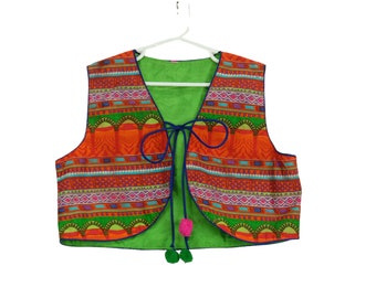 Vintage Kids Neon Festival Vest - Childrens Patterned Vest - Unisex Kids - 90s Neon Aztec Kids Vest- Festival Vest - Ethnic Pom Pom Jacket