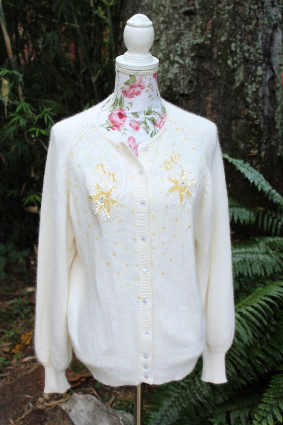 Vintage 90s White Angora Sweater - Embellished An… - image 2