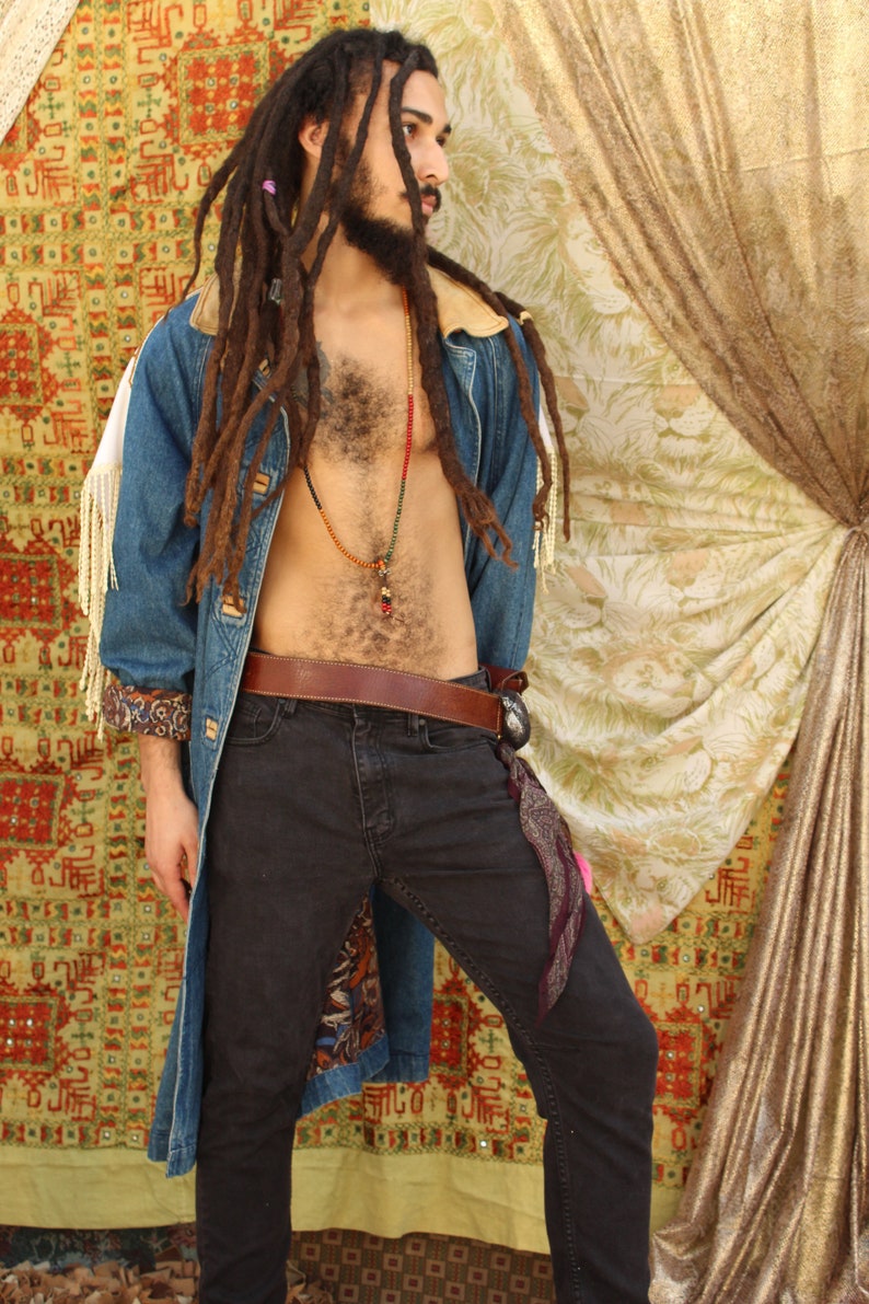 Handmade Festival Coat Custom Coat Beaded Festival Coat Fringe Coat Burning Man Coat Handmade Upcycled Embellished Denim Coat