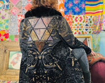 OOAK Sacred Geo Rorschach Blazer - Upcycled Patchwork Coat - Sacred Geometry - One of a Kind Coat - Festival Coat - Burning Man - Fur