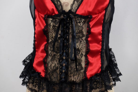 90s Red and Black Ruffle Lace Lingerie Camisole -… - image 5