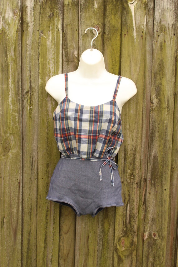 1950s Cotton Bathing Suit - Antique Bathing Suit - 1950s Plaid Pin-Up Bathing Suit - 50s Bathing Suit - 1950s Playsuit - 1950s One Piece View 3