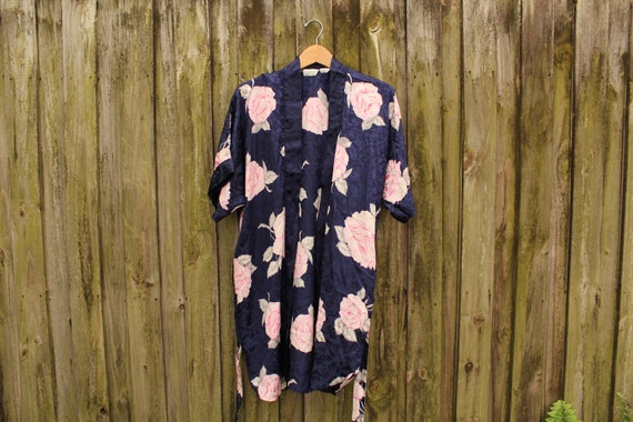 90s Silky Floral Robe - Dark Floral Robe - 80s Flo