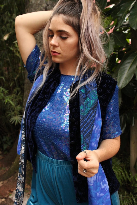 Holographic Blue Sequin T-Shirt - VINTAGE 80's Seq