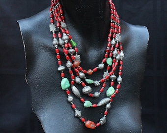 Tibetan Green Turquoise Necklace - Faux Red Coral Glass Beads - Orange Carnelian Agate - Lime Green Turquoise - Turkish - Middle Eastern