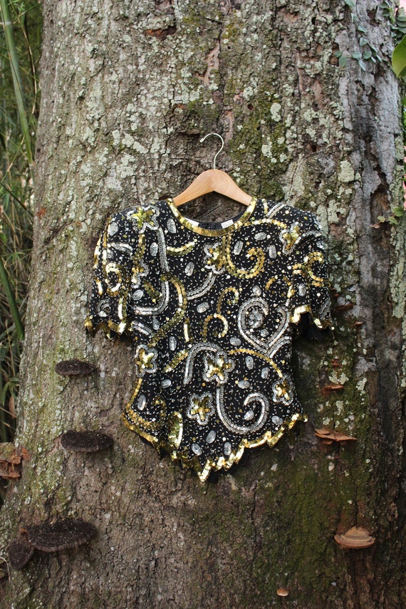 80s Sequin Blouse - 90s Sequin Blouse - Gold and S