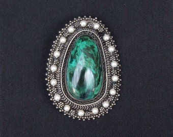 Chrysocolla Pendant Brooch - Made in Israel - Silver 935 - Chrysocolla Necklace - Green Stone Pendent - Eliat - Solomon Stone