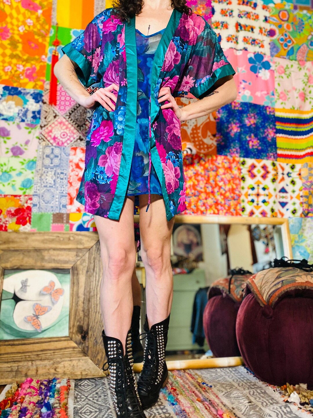 90s Sheer Floral Robe Jewel Tone Floral Robe Sheer Floral Kimono Silky ...