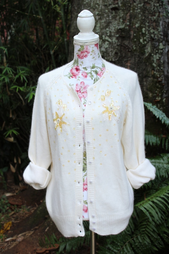 Vintage 90s White Angora Sweater - Embellished An… - image 1