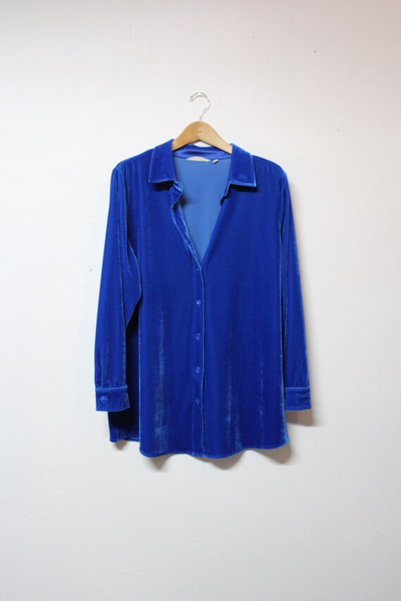90s Blue Velvet Button Up Shirt - Velvet Button Do
