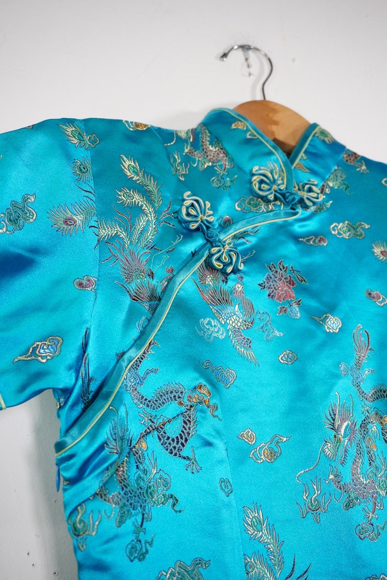 Vintage Asian Silk Dress Silk Costume Dress Sleeveless Silk Dress Chinese Dress Chinese Silk Dress Cheongsam Blue Cheongsam image 3