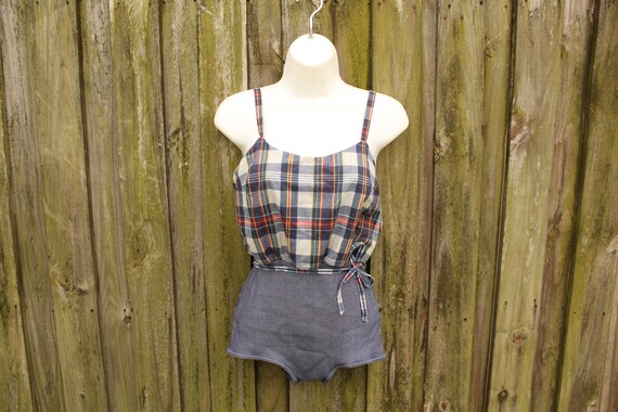 1950s Cotton Bathing Suit - Antique Bathing Suit - 1950s Plaid Pin-Up Bathing Suit - 50s Bathing Suit - 1950s Playsuit - 1950s One Piece View 2