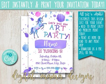 ACCÈS INSTANTANÉ - Invitation de fête d'anniversaire de peinture - Fête d'anniversaire de peinture d'art - Invitation de fête d'anniversaire de filles de licorne d'aquarelle