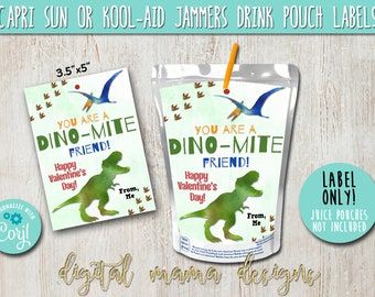 EDIT YOURSELF - PRINTABLE Dinosaur Valentine's Day CapriSun - Valentine's Day Kool Aid Jammers - Class Valentines Drink Pouch Printable