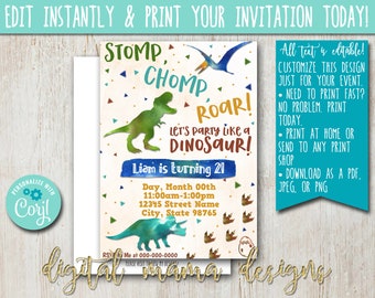 INSTANT ACCESS - Dinosaur Birthday Party Invitation - Boy Dinosaur Party - Dino Breakfast PJs Birthday Party - Digital Download on Corjl