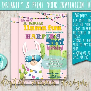 ACCESSO IMMEDIATO - Invito di compleanno per una festa divertente con lama - Invito di compleanno di alpaca - Festa di cactus con lama - Animale da festa - Personalizza su Corjl