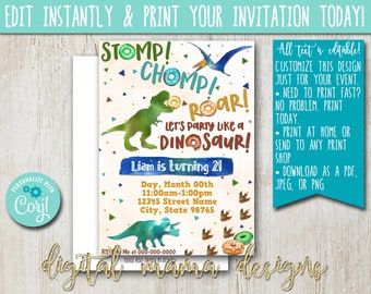 INSTANT ACCESS - Dinosaur & Donuts Birthday Party Invitation - Donut Party - Dino Breakfast PJs Birthday Party - Digital Download on Corjl