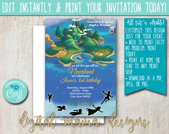 INSTANT ACCESS - Peter Pan Birthday Invitation - Peter Pan Party Birthday - Neverland Lost Boys Party Invitation - Customize on Corjl