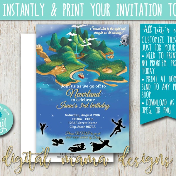 INSTANT ACCESS - Peter Pan Birthday Invitation - Peter Pan Party Birthday - Neverland Lost Boys Party Invitation - Customize on Corjl
