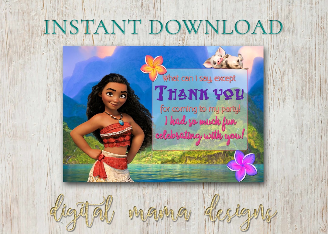 INSTANT DOWNLOAD - Moana Thank You Card - Moana Birthday Invitation ...