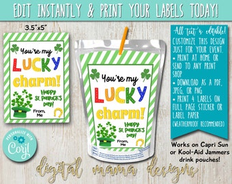EDIT YOURSELF - PRINTABLE St Patrick's Day CapriSun Label - St. Patty's Day Kool Aid Jammers Tag - Class Lucky Charm Drink Pouch Printable
